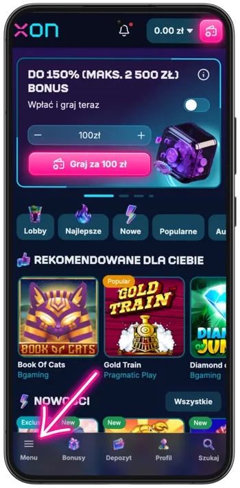 Otwieranie ikony menu, aby rozpocząć pobieranie aplikacji Xon Bet