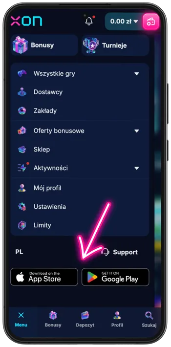 Naciśnięcie ikony pobierania, aby pobrać aplikację Xon Bet