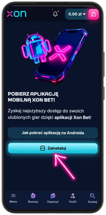 Naciśnięcie przycisku instalacji, aby skonfigurować aplikację Xon Bet